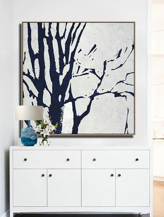 Oversized Custom Canvas Art,Minimalist Navy Blue And White Painting,Modern Art Abstract Painting